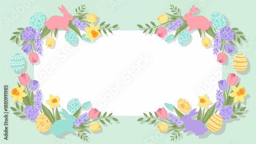 Pastel Easter frame with bunnies, decorated eggs, tulips, daffodils, and hyacinths on a light green background.