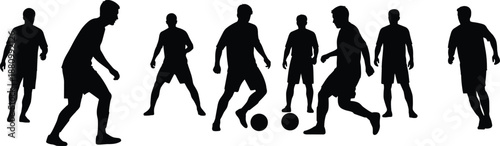 Soccer Player Silhouette Collection Featuring Men In Active Match Poses Dribbling Ball And Defending Isolated On White Background For Sports Design Teamwork And Coaching