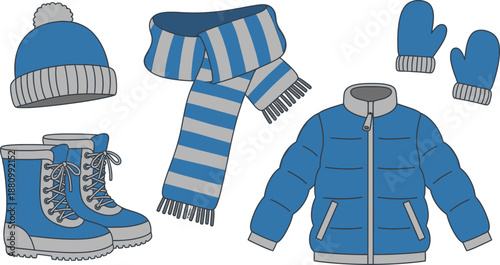 Set of 5 winter clothing items flat vector beanie wool scarf mittens down jacket and snow boots