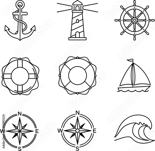 Set of nautical and sea icons including anchor lighthouse and wheel