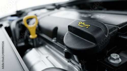 Close Up View of a Black Plastic Car Engine Oil Filler Cap with Yellow Lubricant Icon and Dipstick in a Modern Vehicle Engine Bay for Automotive Maintenance and Repair Service.