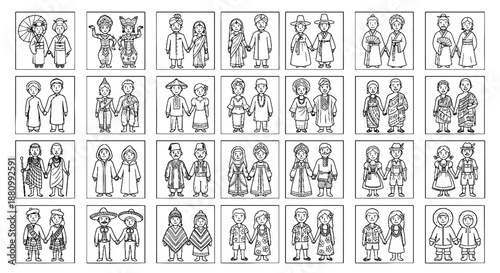 Collection of diverse couples and groups of people in various traditional clothing, hand-drawn in black and white.