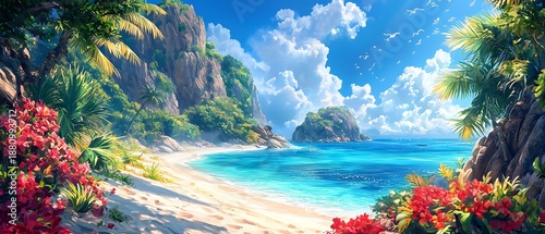 Idyllic Tropical Beach with Palm Trees and Clear Blue Ocean View