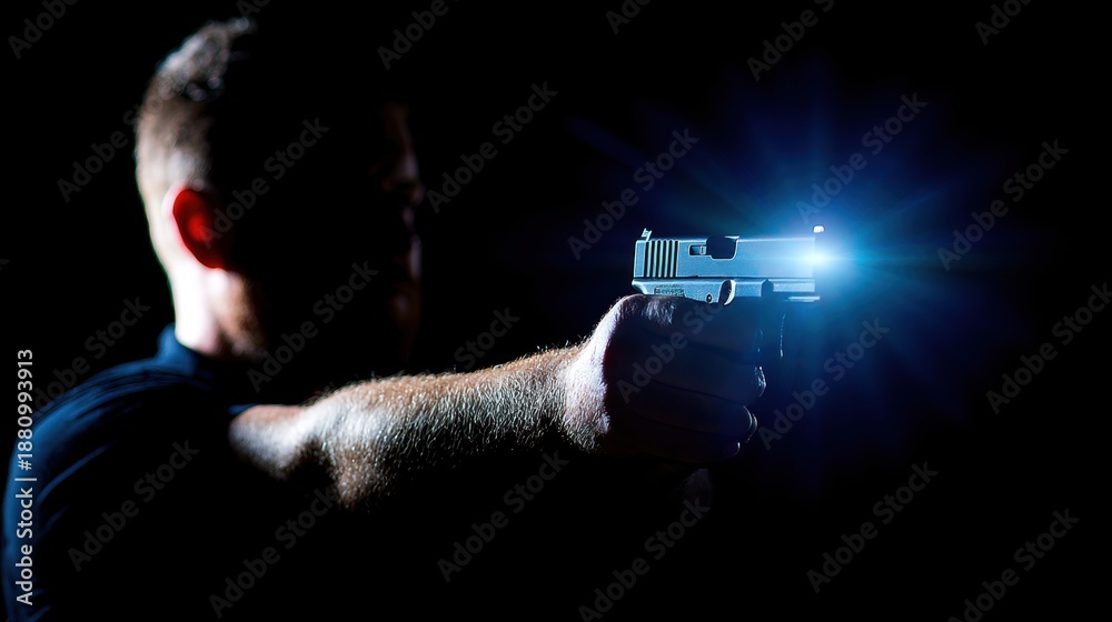 Fototapeta premium Man points gun with flashlight in dark setting during night
