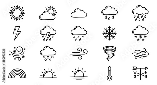 A collection of weather icons depicting various atmospheric conditions, including sunshine, rain, and wind.