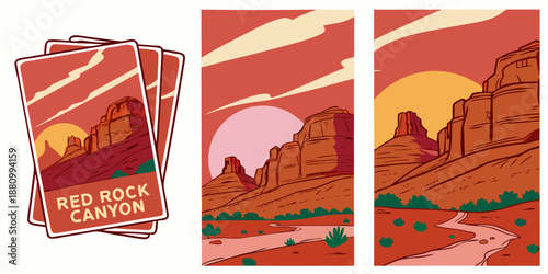 U.S, USA, US, United States - Red Rock Canyon — Desert Landscape & Sandstone Cliff Illustration | Vintage‑Style Travel Poster | Warm‑Tone Southwest Wall Art Print | Digital Download
