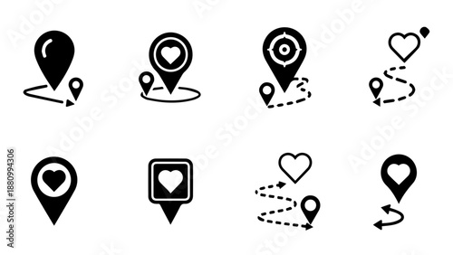 Collection of location and heart icons isolated on white background, Vector