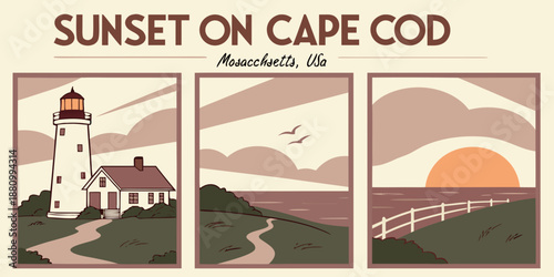 U.S, USA, US, United States - Sunset on Cape Cod Triptych Illustration – Coastal Lighthouse Art, Massachusetts USA Scenic Ocean Panels, Modern Minimal Nautical Landscape Design
