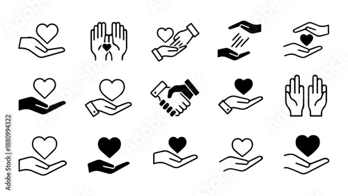 Hands holding hearts and symbols isolated on white background, Vector