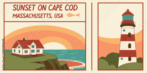 U.S, USA, US, United States - Sunset on Cape Cod • Massachusetts Coastal House & Lighthouse Art • Vintage New England Seaside Illustration Wall Decor
