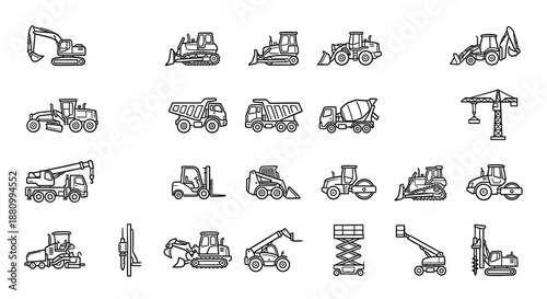 Collection of line art illustrations depicting various construction vehicles and equipment.