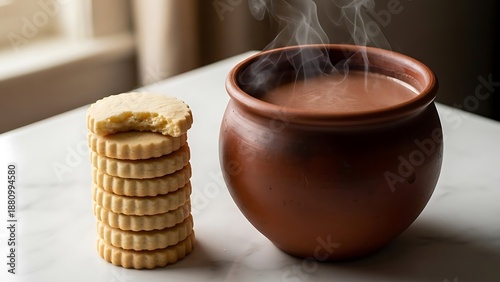 Warm beverage accompanied by stacked biscuits illustration