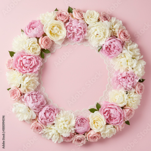 Wreath of delicate pink and white peonies and roses with green leaves on a soft pastel background. Elegant floral frame for wedding invitations, romantic greeting cards, and feminine lifestyle design.