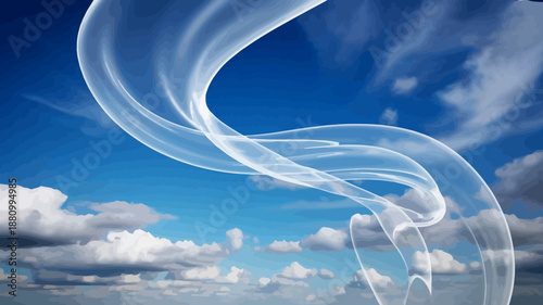 Abstract vapor trails gracefully swirling across a vibrant blue sky with soft white clouds