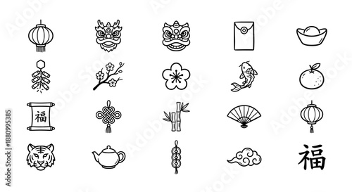 Collection of line art icons representing Chinese New Year elements such as lanterns, lion dance heads, and traditional symbols.