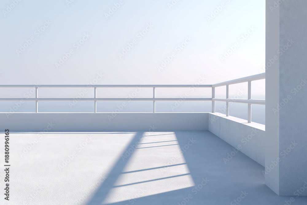 Fototapeta premium Minimalist white balcony with geometric shadows and clear sky background