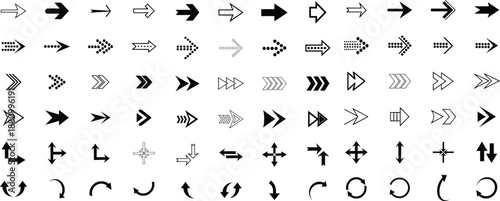 Collection of various black arrow icons and symbols on white background