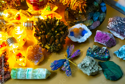 crystals, minerals, natural stones on a meditation table