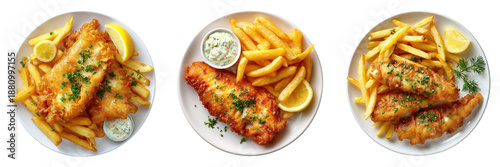 Three plates of fish and chips with lemon isolated on a transparent background