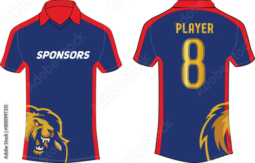 Lion theme Red and Blue Sports Jersey T-Shirt Vector Template with Front and Back View for sports Team Uniform