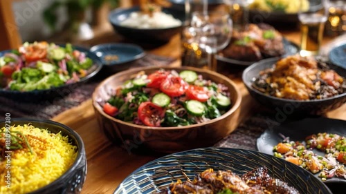 Wallpaper Mural Vibrant table setting featuring an array of traditional dishes, including rice, grilled meat, and fresh salads, showcasing the rich culinary experience during Ramadan gatherings Torontodigital.ca