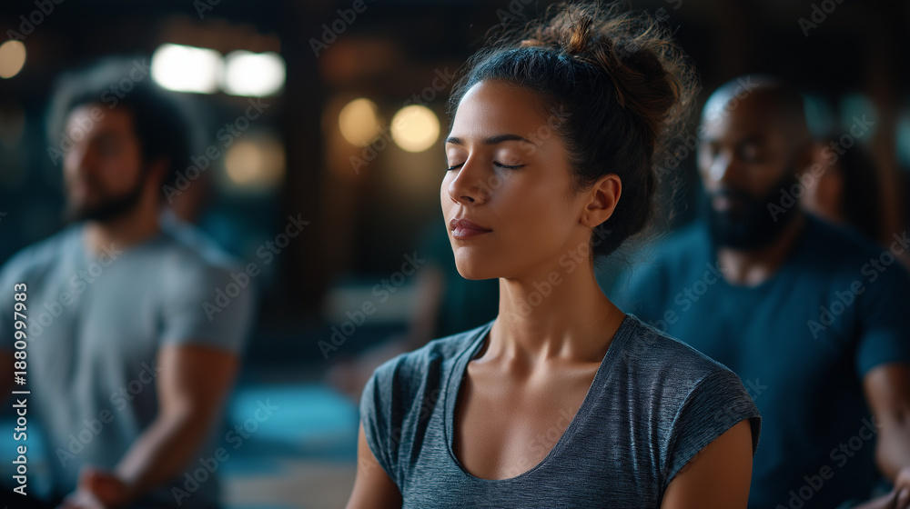 Obraz premium Faceless woman giving meditation course to two multi ethnic men yoga mats traditional temple wellness instruction mindfulness practice spiritual learning defocused background