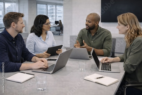 Fictional team collaborating in a hybrid office using laptops and tablets with blank screens, modern workspace and realistic lighting, professional teamwork concept, contemporary flexible workplace en