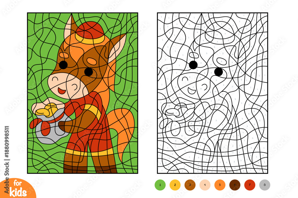 Fototapeta premium Lunar New Year color by number with a cute horse. A happy character in festive clothes and bag of coins. Fun and simple holiday worksheet for kids.