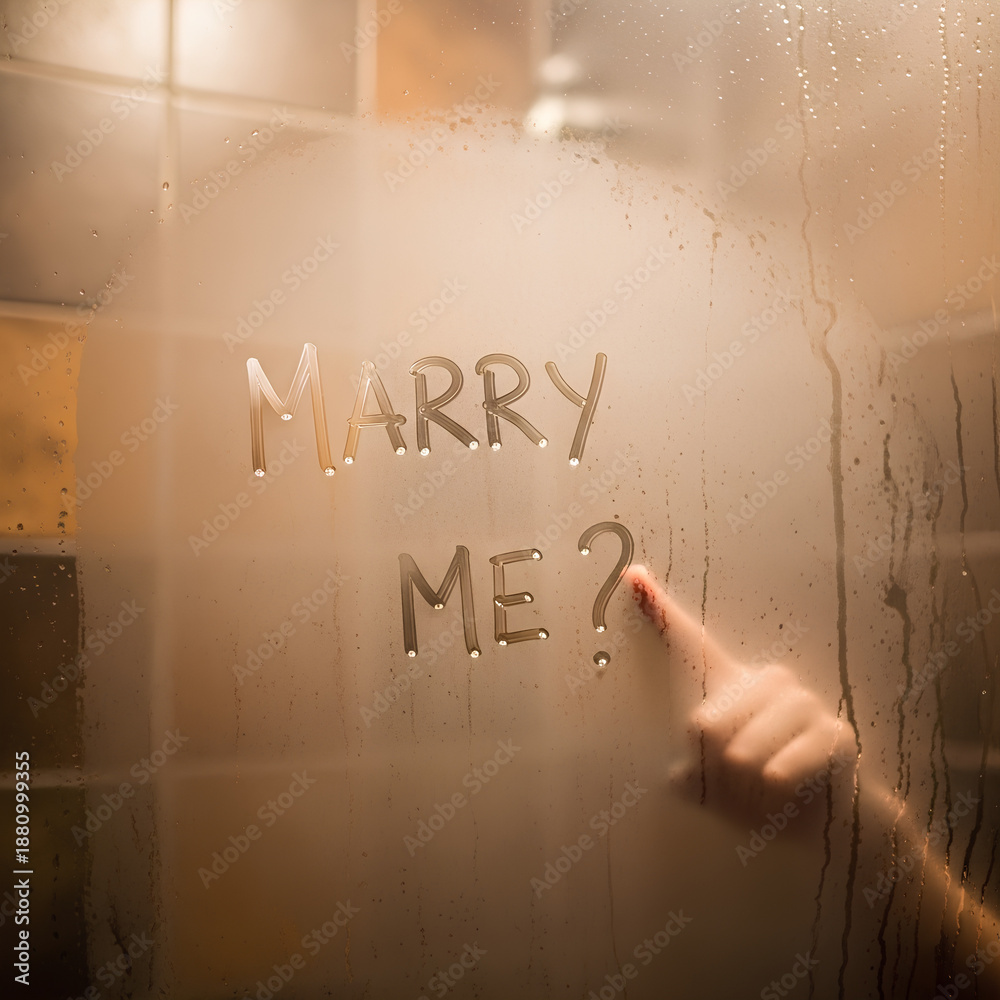 Fototapeta premium Woman hand writing marry me question on wet steam mirror surface. Romantic marriage proposal concept for valentine day. Love confession text message on fogged glass with blurred warm light background