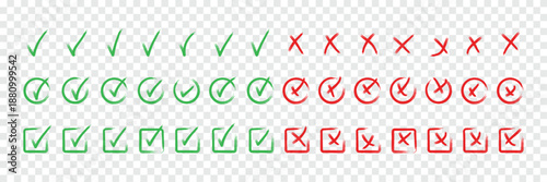 Hand drawn doodle checkmark and cross icons set checklist marks in box and circle grunge brush style vector illustration. hand drawn sketch doodle brush marker checklist symbol wrong right circle.
