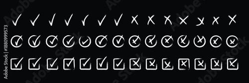 Hand drawn doodle checkmark and cross icons set checklist marks in box and circle grunge brush style vector illustration. hand drawn sketch doodle brush marker checklist symbol wrong right circle.