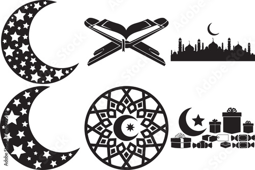 Islamic Holiday Symbols: A captivating collection of Islamic symbols, including the moon and stars, the holy book, mosque silhouette, and intricate designs.