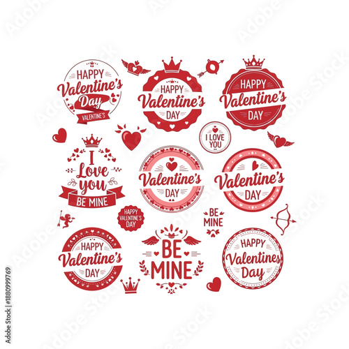Valentine's Day celebration with various red heart symbols and love-themed stickers on a white background.