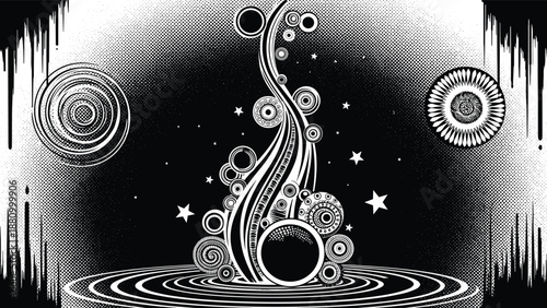 Surreal cosmic abstract vector with swirling energy, celestial gears, galactic tendrils, planetary orbits, and starry space vortex in motion