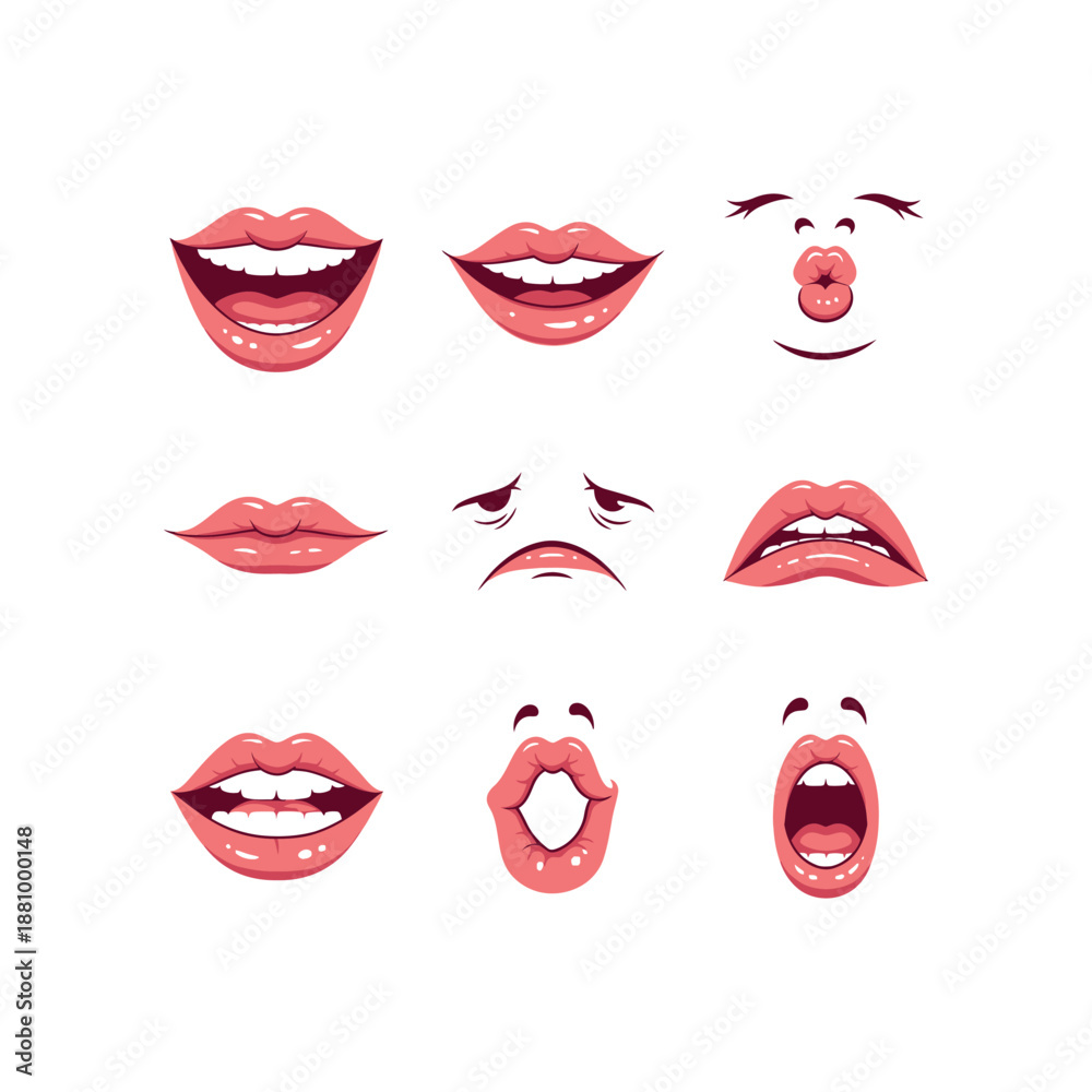 Obraz premium Illustration of various smiling and emotive mouth expressions on white background