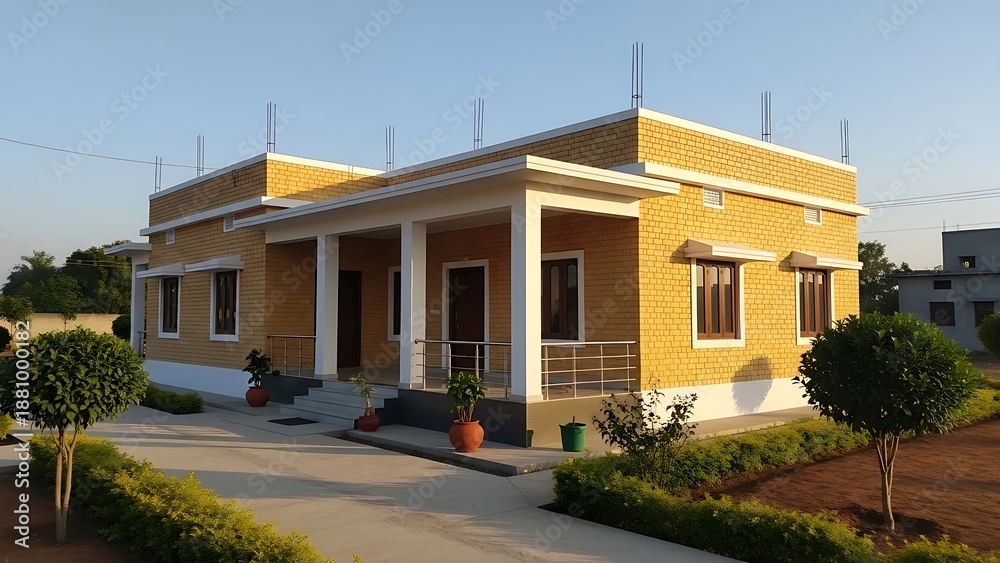 Obraz premium Modern single-story yellow brick house with a spacious porch and neatly manicured lawn under a clear blue sky