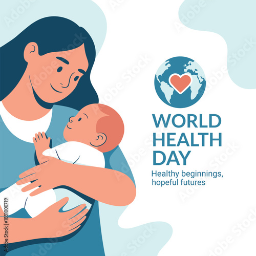 Global world health day concept with mother and baby in arms