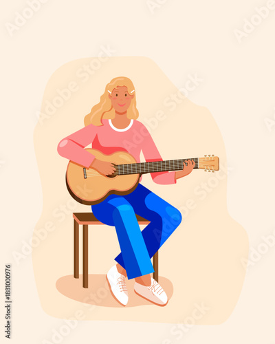 Cute Young Woman Playing Acoustic Guitar. Concert poster, Guitar lessons at a music school. 
