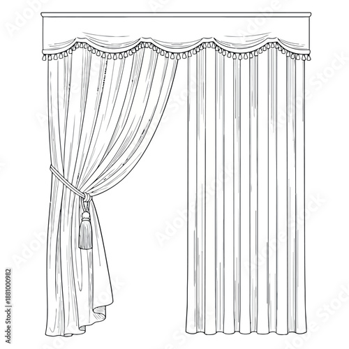 Elegant draped curtains with a valance and tieback detail illustration