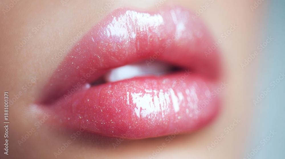Fototapeta premium Close view of shiny lips with gloss during a beauty routine at home
