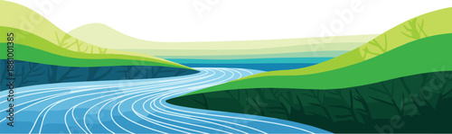 Beautiful nature river landscape vector illustration. Flowing water between green hills and forests in a peaceful scenic view. Perfect for backgrounds, travel designs, wallpapers,  projects.