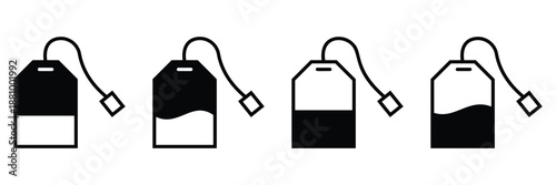 Tea Bag Vector Icon Set – Three Steeping Stages with Tag in Outline and 
Solid Monochrome Style