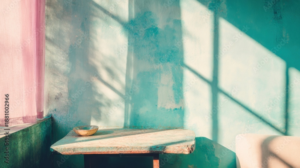 Obraz premium Sunlight shines on a wooden table in a room with blue walls
