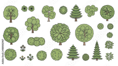 Collection of various trees and plants illustrated in different shapes and sizes from a top view