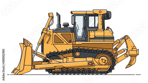 Heavy bulldozer operating in a construction site with excavation equipment and tracks