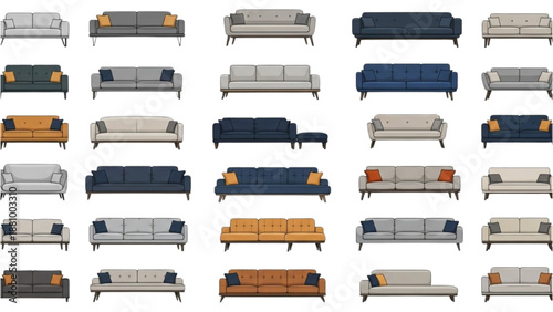 Collection of variously colored sofas displayed in a grid pattern on a plain background from a front viewpoint
