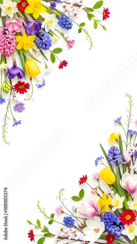 Elegant spring flower corners with colorful tulips and hyacinths on white background for stationary or invitation card