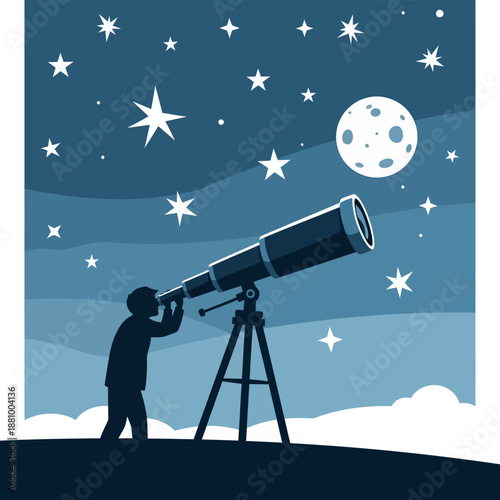 Astronomer Observing Stars with Telescope at Night.
