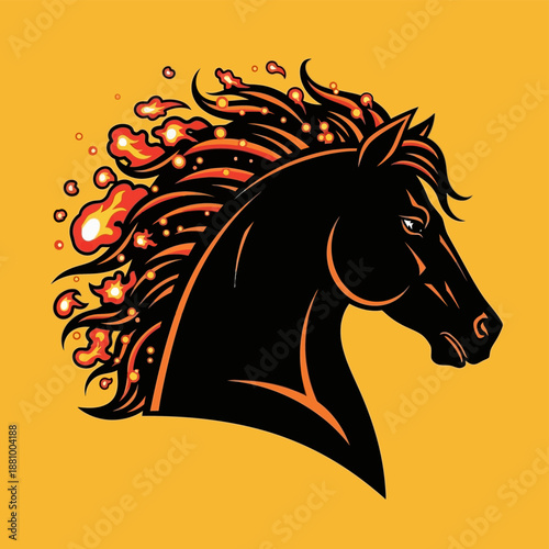 Black Horse Head Silhouette with Flowing Mane.