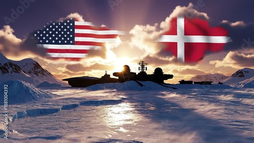US and Denmark flags over Arctic military base in Greenland showing defense concept